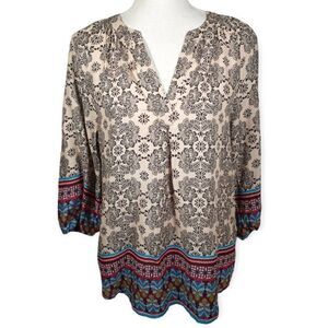 BEACH LUNCH LOUNGE BOHO-INSPIRED CREAM & BLUE BLOUSE SZ.S EUC